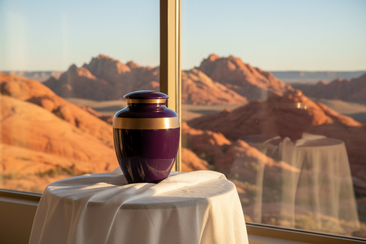 Purple urn on a table with a scenic desert view through a window.